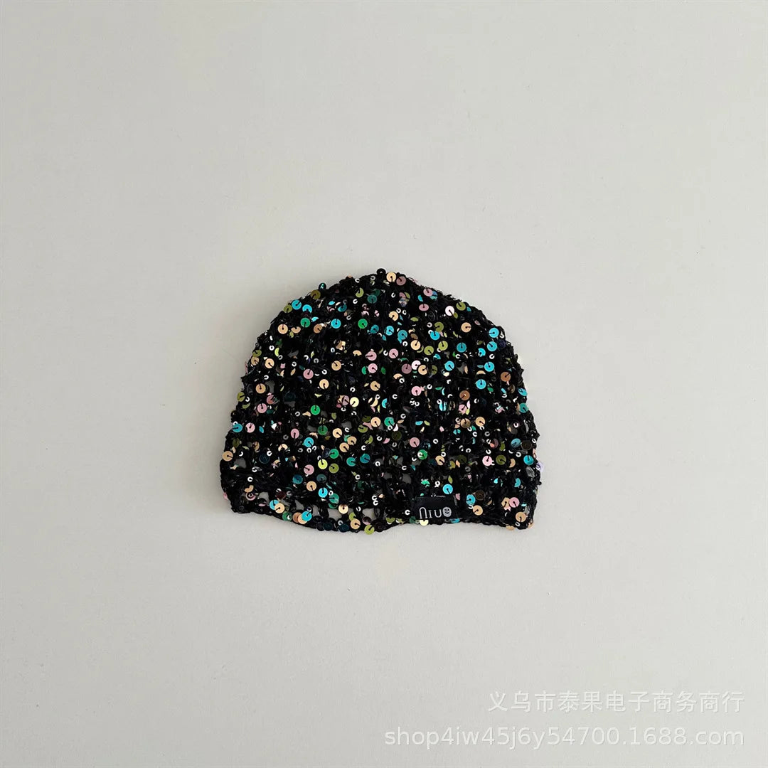 Sequin Hollow Knitted Pullover Hat For Girls Fishnet Headwrap Hwr01 Ethnic Style Cap