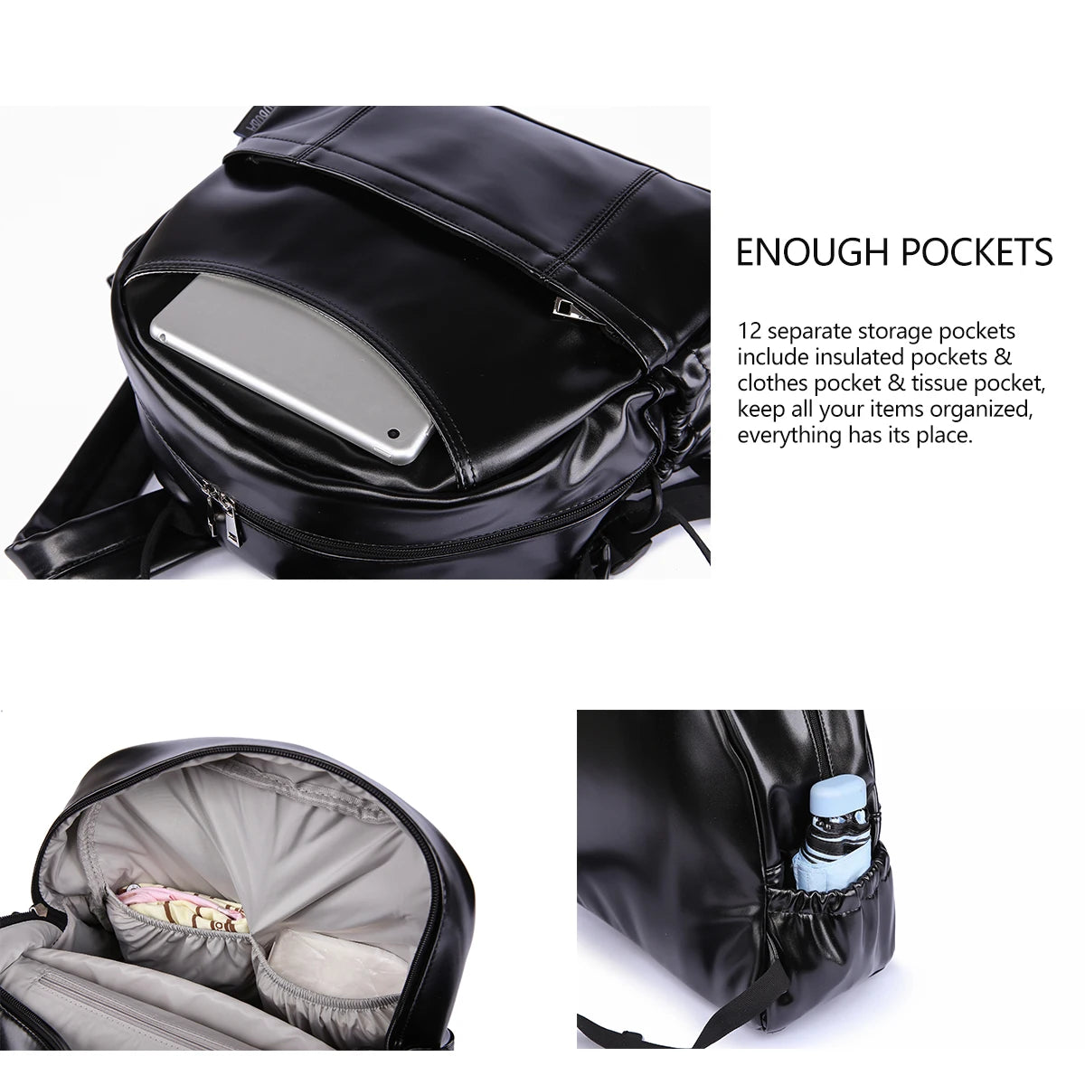 New Fashion PU Black Diaper Backpack for Baby Large Capacity Waterproof Pockets Diaper Bag for Mother Travel Stroller Bag