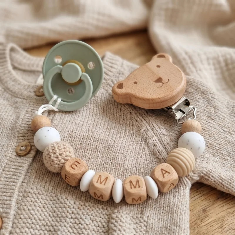 Personalized Baby Pacifier Clip with Name – Silicone & Wooden Bead Teether Soother Holder
