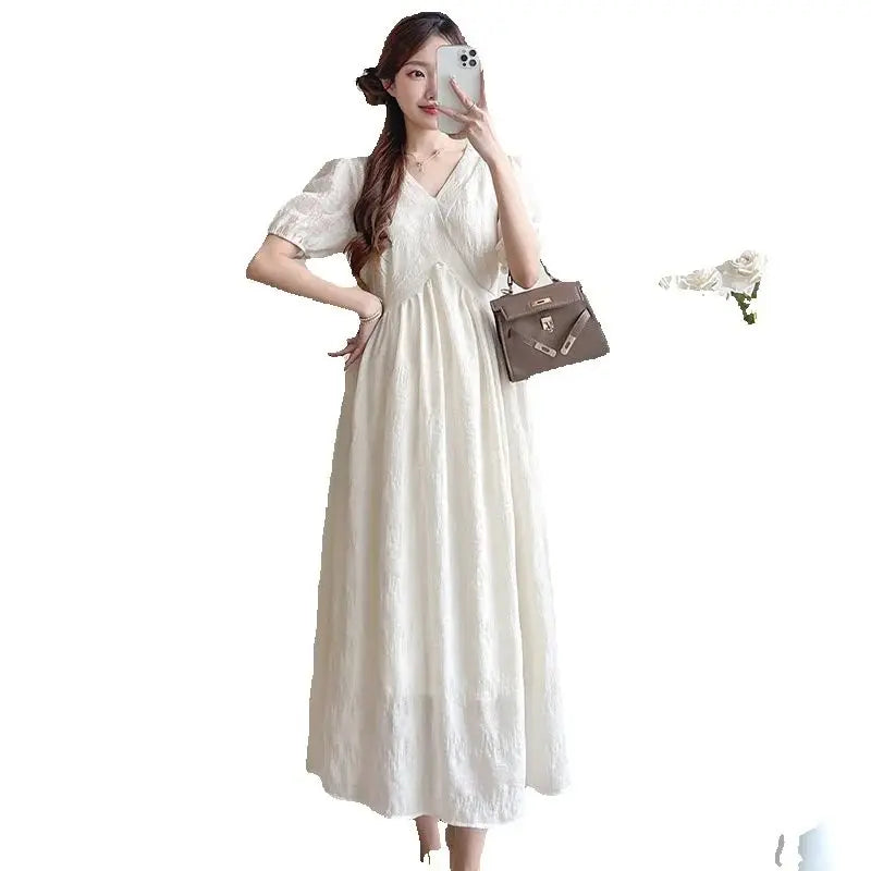 French Style Summer Maternity Pleated Dress High Waist V-neck Short Sleeve Pregnant Woman Elegant Dress Pregnancy Clothes Loose
