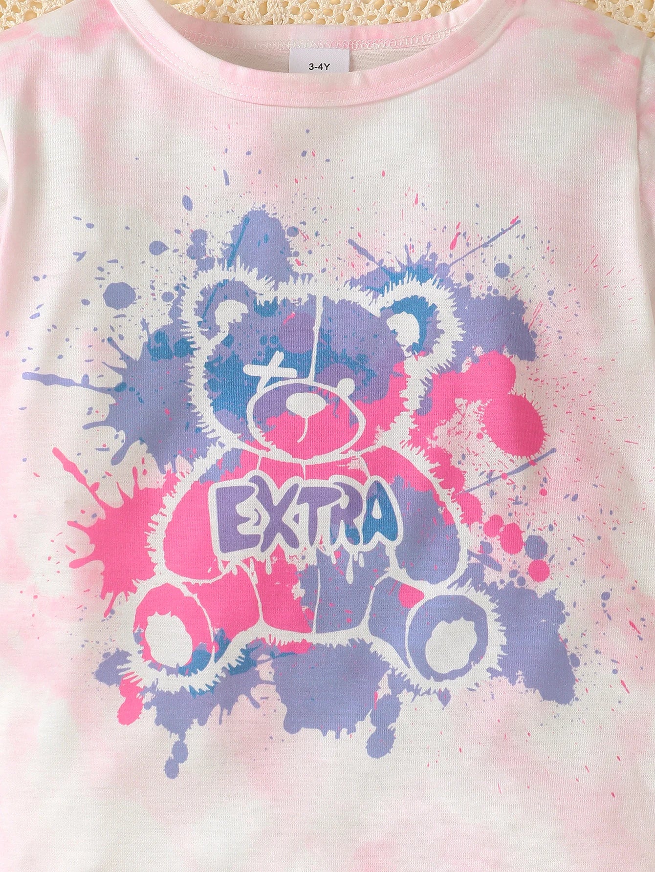 2Pcs Girls' Summer Set tie dye Teddy Bear Short sleeved+Stretch shorts Set for 4-7 Year Girls' Casual Set Children's clothing
