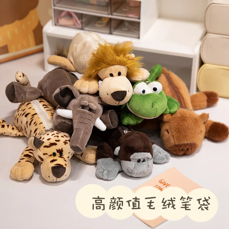 Cartoon Animal Elephant Lion Kapibala Plush Pen Case For Kid Large Capacity Supplies Stationery Storage Bag For Kid Gift