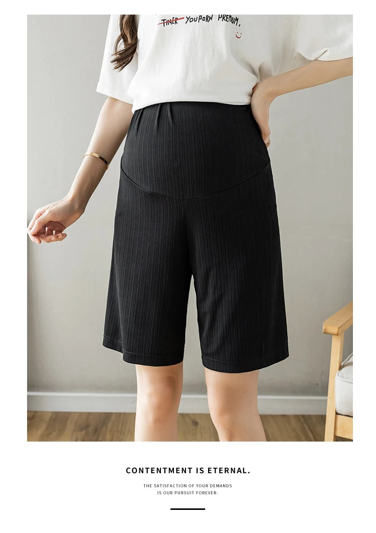 Summer Korean Style Pregnant Woman Ice Silk Shorts Knee-length Adjustable Waist Solid Color Maternity Wide Legs Straight Shorts