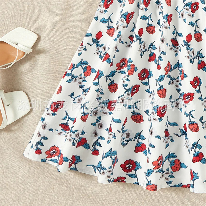 Parent-child Backless Dress Mummy Daughter Summer Floral Vestidos New Children Printed V-neck Gown Family Short Sleeve Clothing