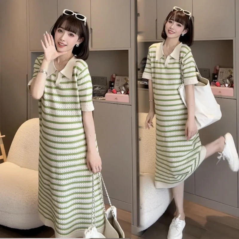 Summer Postpartum Woman Breastfeeding Dresses Short Sleeve Turn-down Collar Hollow Out Striped Maternity Straight Nursing Dress