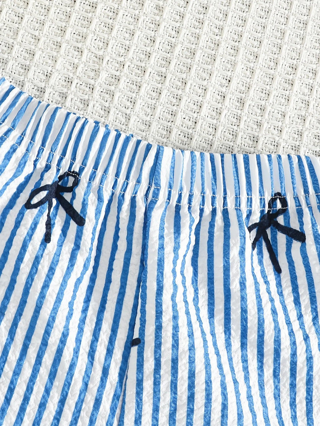 Baby Girl Summer 2PCS Set Blue White Striped Sling Bodysuit Shorts 3D Bow Cute Soft Outfit