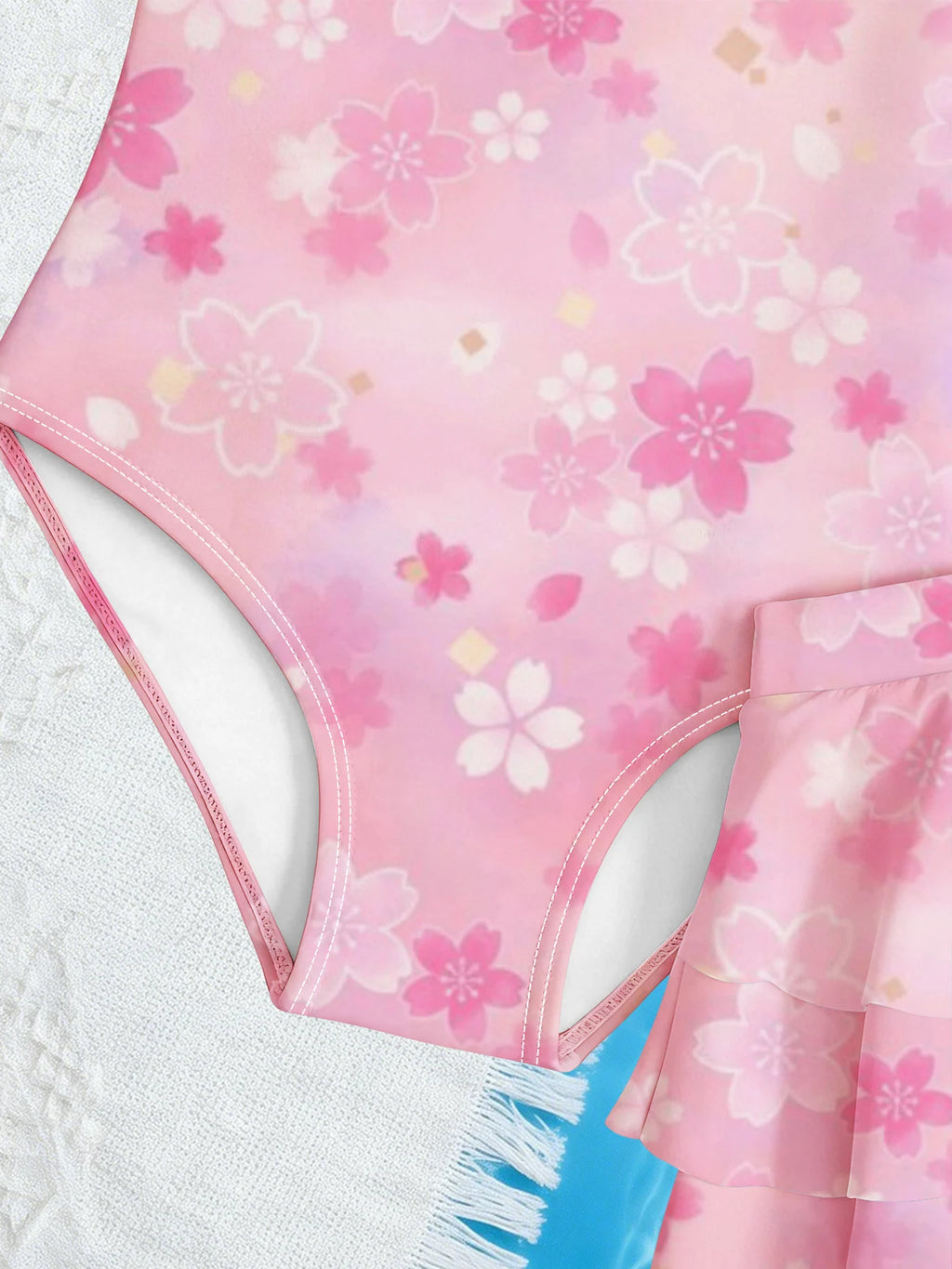 Kids Girls 2 Piece Pink Cherry Blossom Print One Piece Swimsuit with Ruffle Skirt Cover Up Summer Beach Swimwear