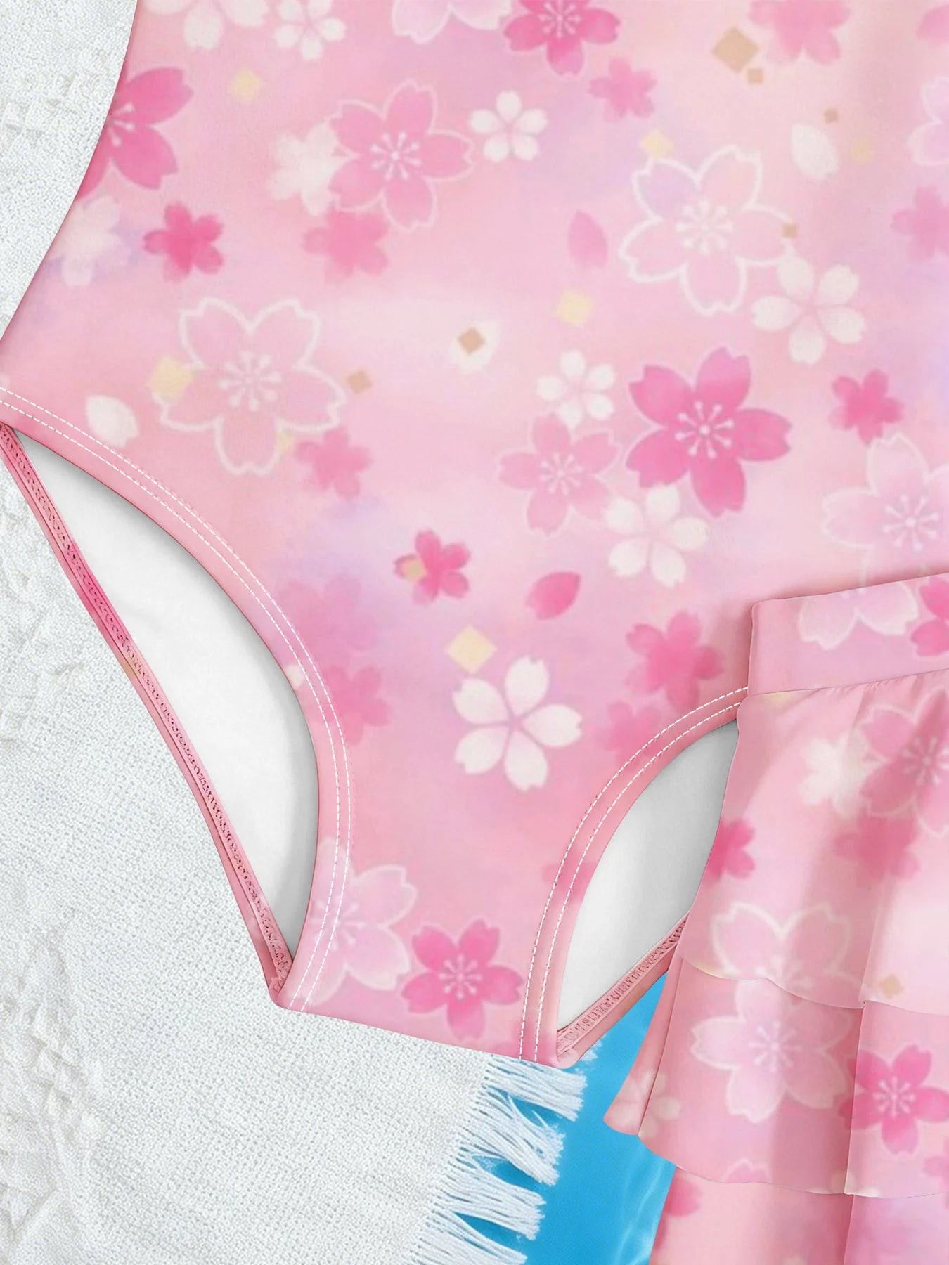 Kids Girls 2 Piece Pink Cherry Blossom Print One Piece Swimsuit with Ruffle Skirt Cover Up Summer Beach Swimwear