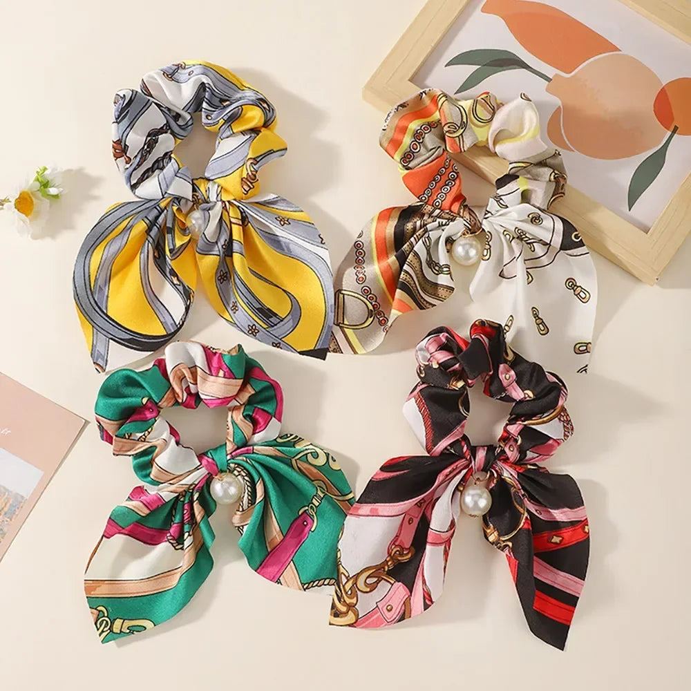 4Pcs/set Chiffon Printed Bowknot Elastic Hair Bands for Women Girls Pearl Scrunchies Headband Hair Ties Ponytail Holder