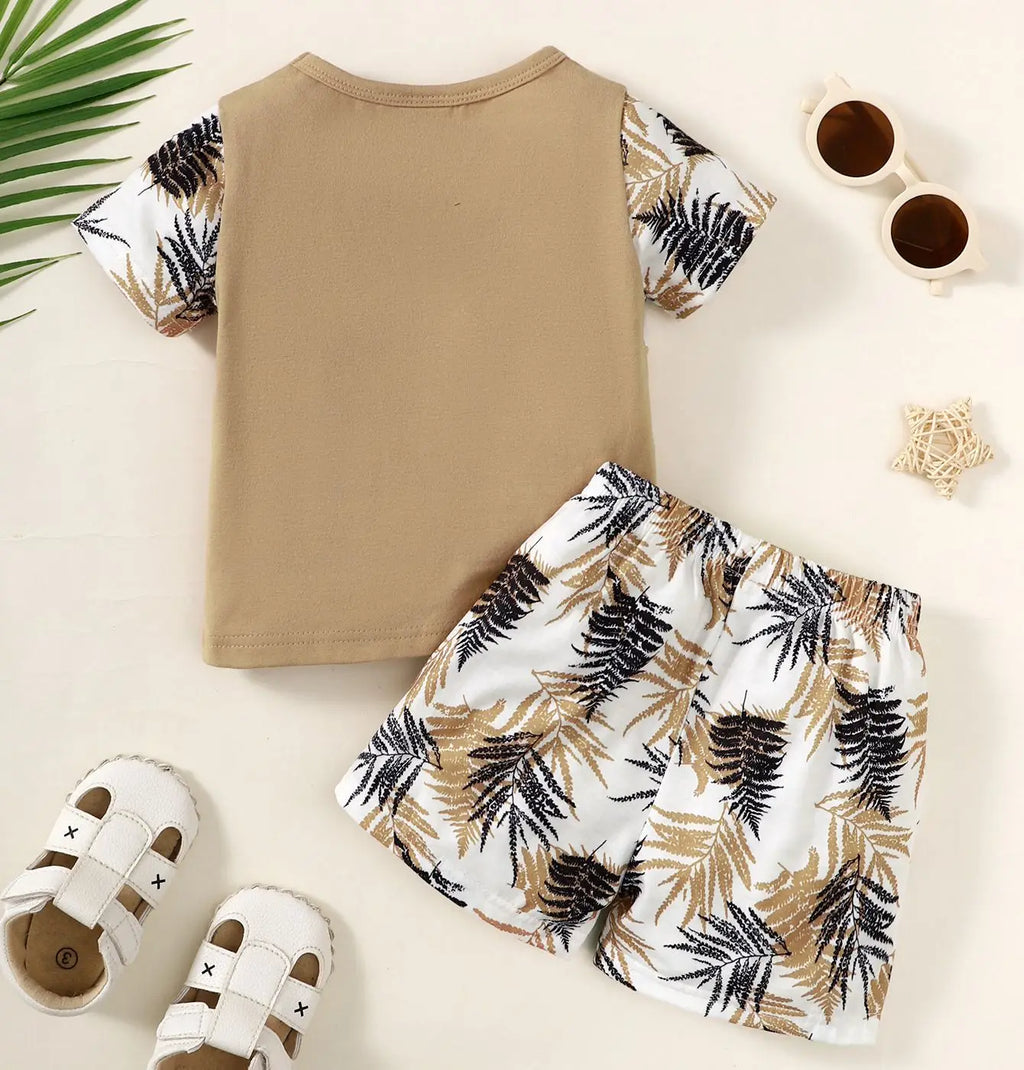 2Pcs Summer Baby Boy Set Color blocked Maple Leaf Printed Top and Pants Set Suitable for 0-3 Year Toddler Boy Casual Style Set