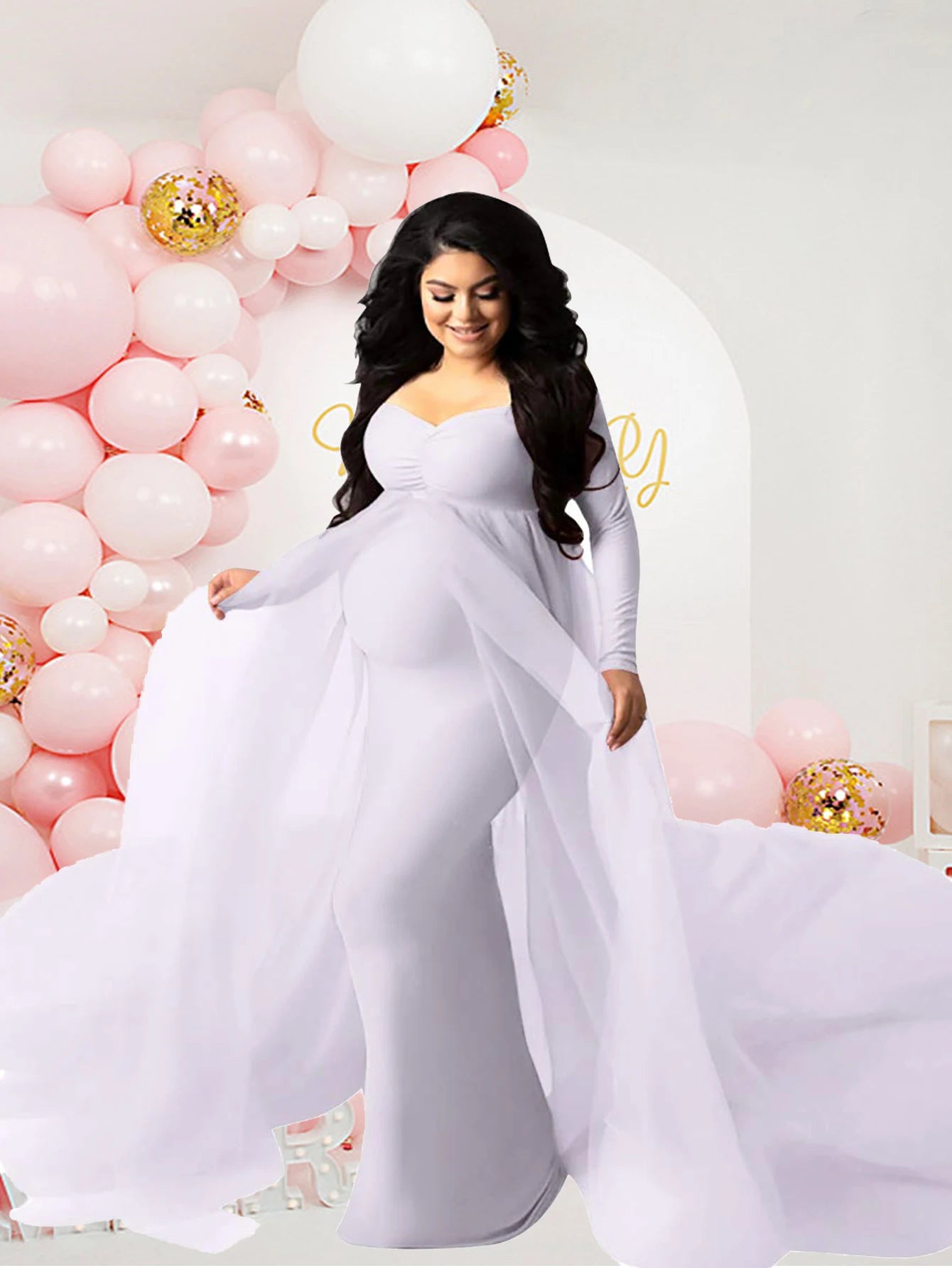 Maternity Long Sleeves Mesh Dress With Floor Length Train For Photo Shoot And Baby Baptism Party