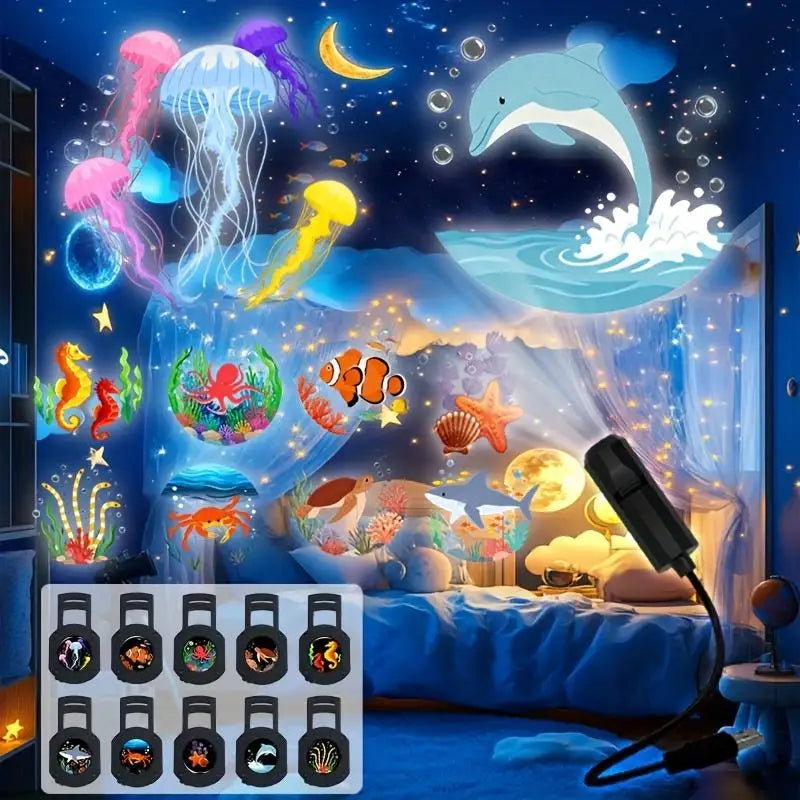 LED USB Projector Light 3/6pcs Projection Patterns- Adjustable Whale Butterfly Jellyfish Starfish Night Light Festival Gift