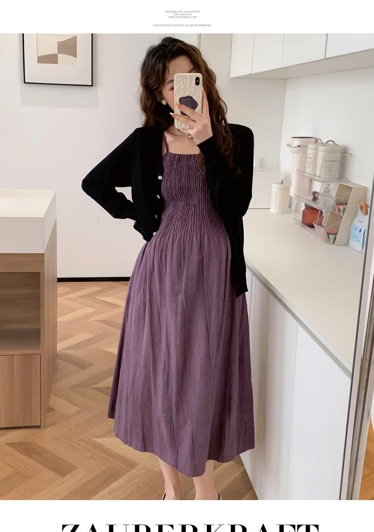 2026 Spring Maternity Dress Suits Long Sleeve Cardigans Strap Dress Twinset Pregnant Woman Clothing Set
