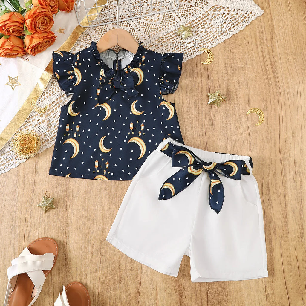 3Pcs Ramadan Girls' Set Small Stand Collar Moon Printed Top+Pants+Belt Set Suitable for 2-7-year-old Child Girls' Festival Set
