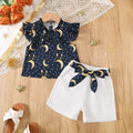 3Pcs Ramadan Girls' Set Small Stand Collar Moon Printed Top+Pants+Belt Set Suitable for 2-7-year-old Child Girls' Festival Set