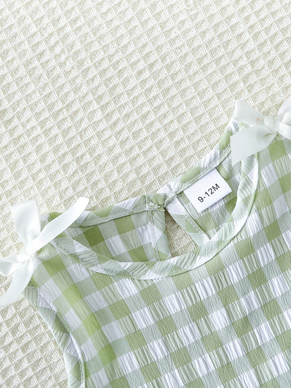 2pcs Summer Baby Girls Green Gingham Lace Trim Set, Cute Bow Top + Pants, Sweet Style, Daily/Outdoor Wear, 0-2Y, Breathable Fabr