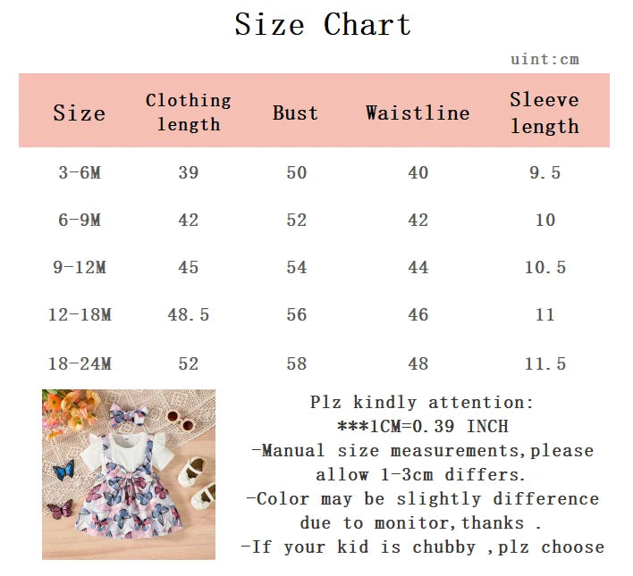 2Pcs Baby Girl Summer Dress Beautiful Butterfly Print Dress+Headband suitable for 0-24 Months old Lively and Cute Little Girls