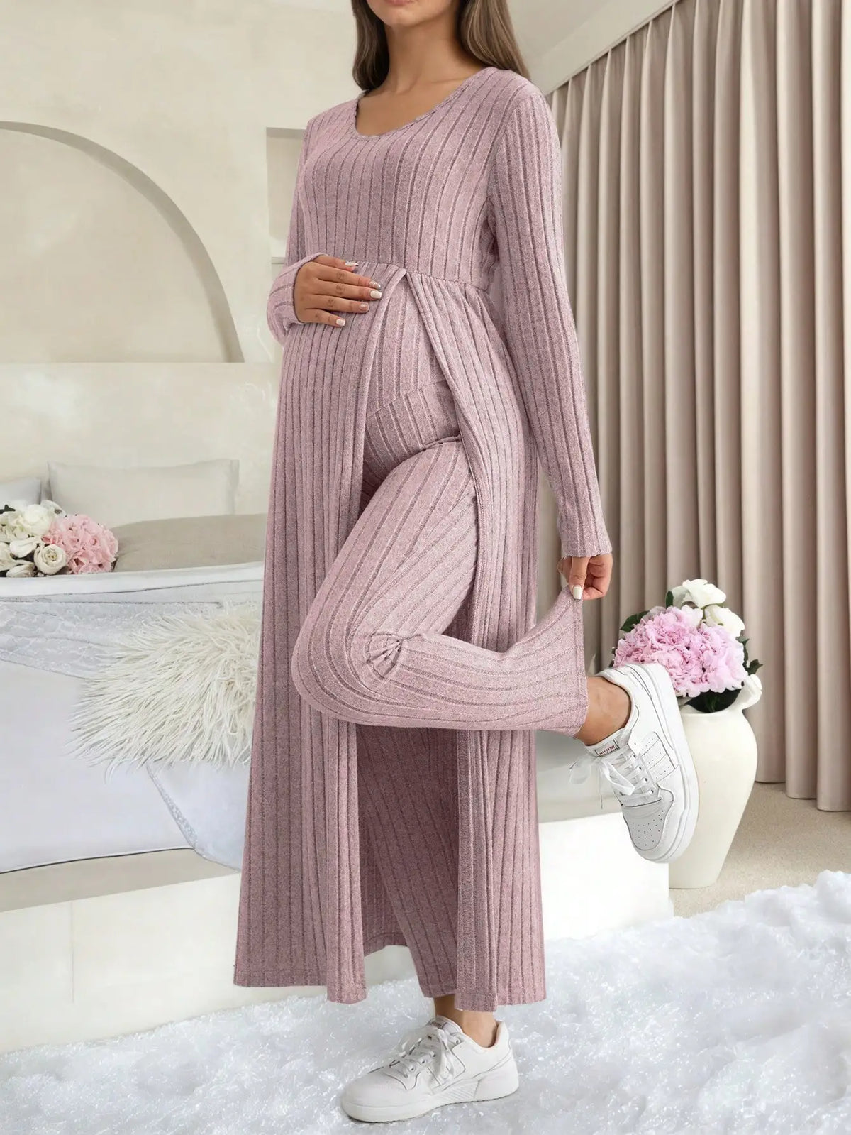 Maternity Two Piece Lounge Set With Long Sleeve Soft Ribbed Fabric For Home And Casual Wear