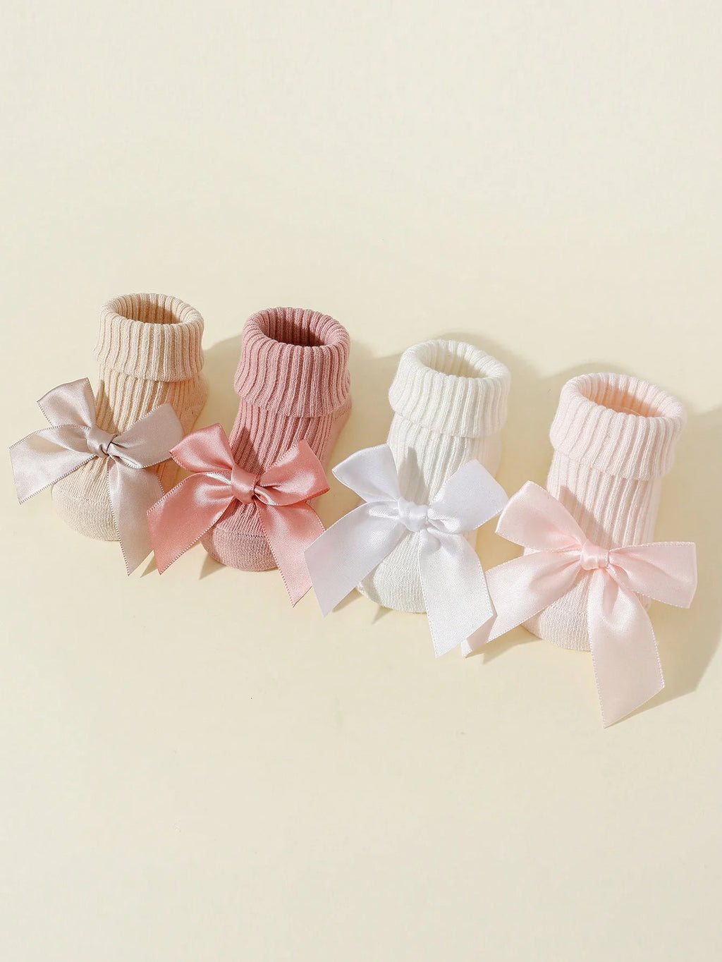 4 Pairs of Baby Girls Socks with Bows, Soft Cotton Newborn Infant Ankle Socks, Breathable Non-Slip Short Socks for 0-24 Months