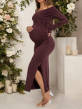 Pregnant Women Maternity Dresses Off Shoulder Long Sleeve Ruched Maxi Dress with Side Slit for Baby Shower, Photoshoot