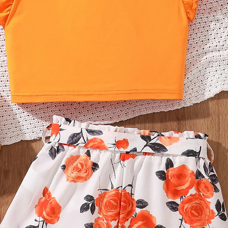 Kids Clothing Sets Tween Girls Outfit Orange Knot-Hem Crop-Top & Flowers Parinted Shorts 2PCS Summer Vacation Sets