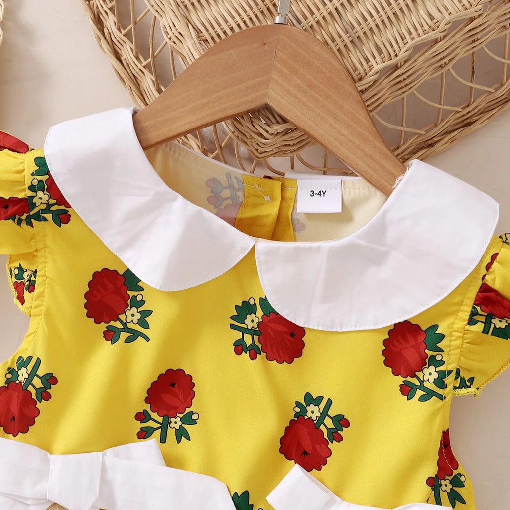 1-6 Year old Girls' Dress, Sudan rose print Bow Chiffon Dress, Girls' Holiday Dress Children's Clothing
