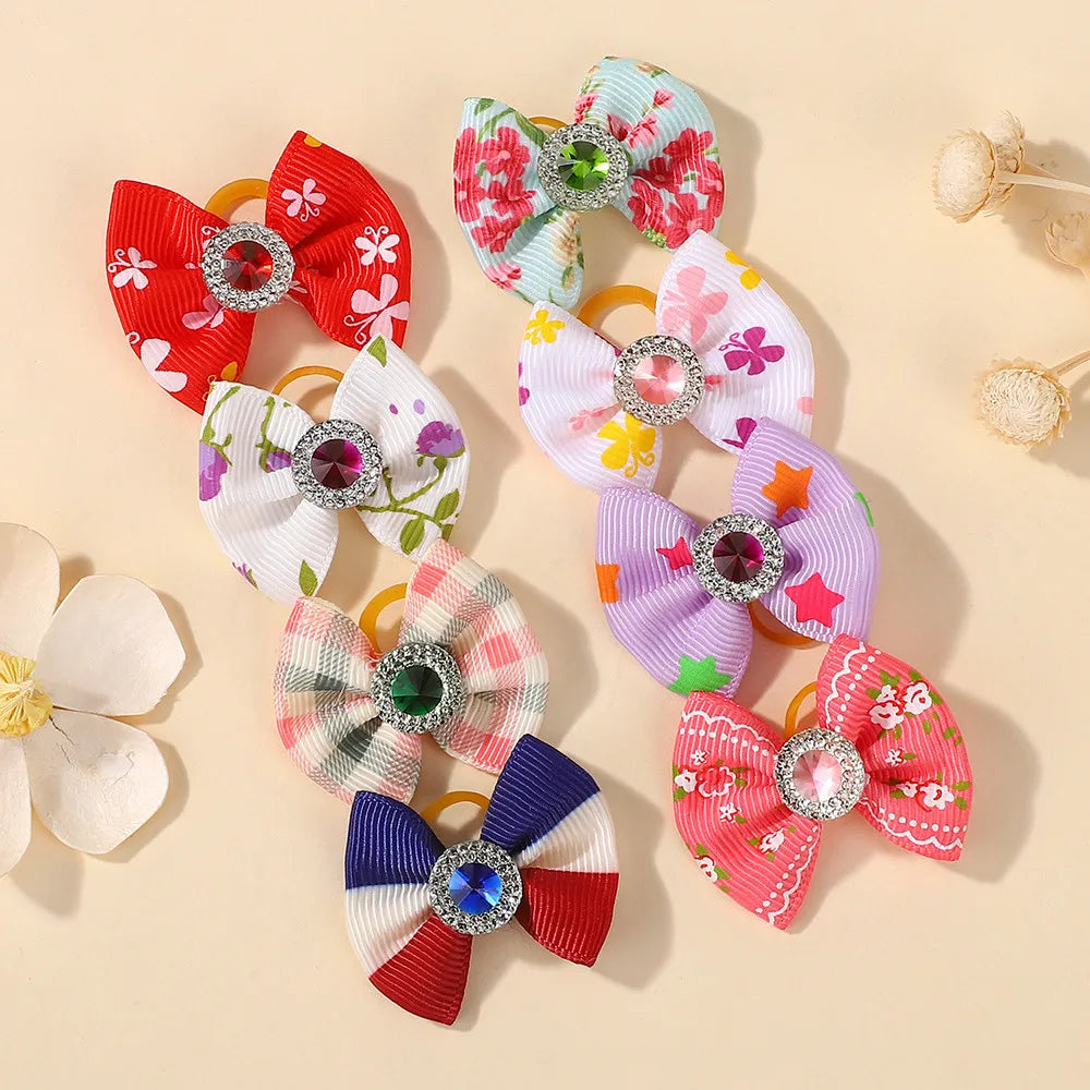 Random Color 20Pcs Mini Bowknot Hair Band for Girls Hair Accessories Dopamine Color Elastic Rubber Band Exquisite Gem Head Tie