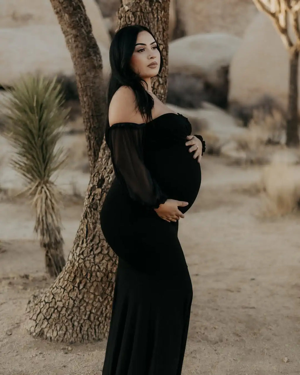 Maternity Dress Off-Shoulder Mesh Puff Sleeve Slim Pregnancy Women's Photography Maxi Gowns For Baby Shower Photoshoot