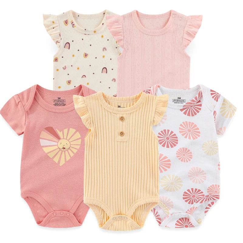 Cartoon Baby Bodysuits Set 3 To 5 Piece Soft Cotton Short Sleeve Infant Outfits For Newborn