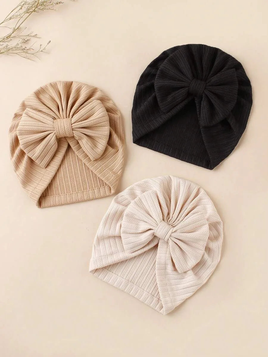 3pcs/set Baby Strips Bow Bonnet Solid Color Breathable Soft Turban For Infant Girls Large Bow Beanie For Photograph Headdress