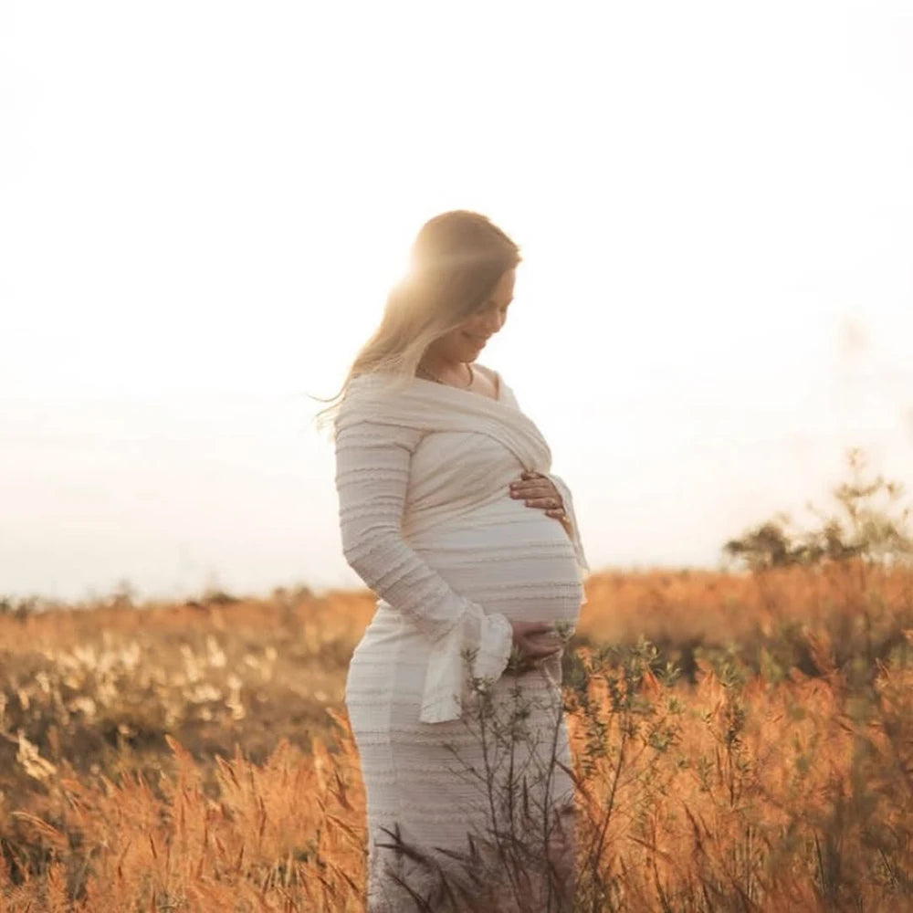 Maternity Fishtail Long Sleeves Criss Cross Neck Fall Dress Fashion Bodycon Pregnant Women Gown for Baby Shower Photoshoot