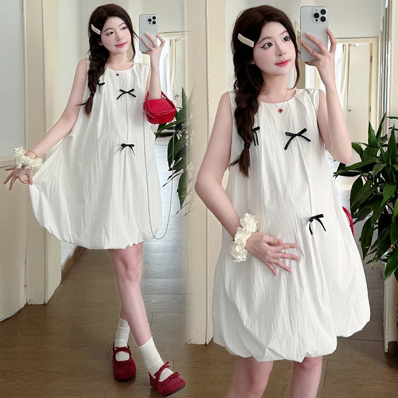 Korean Style Maternity Mini Dress Sleeveless White Pregnant Woman Bud Dress Fashion Short Lady Loose Fashion Dress with Bowknot