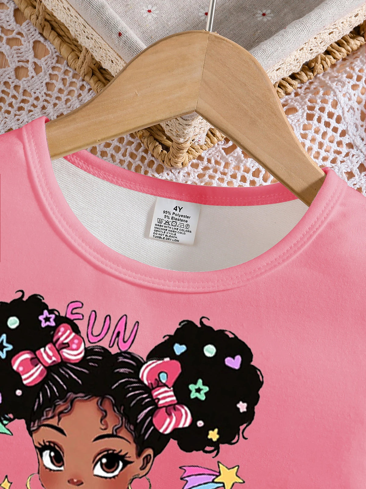 Two-piece Spring/Fall Girls Fashion Casual Suit Pink crew neck cartoon girl Print puffy sleeve top + black stretch slim pants