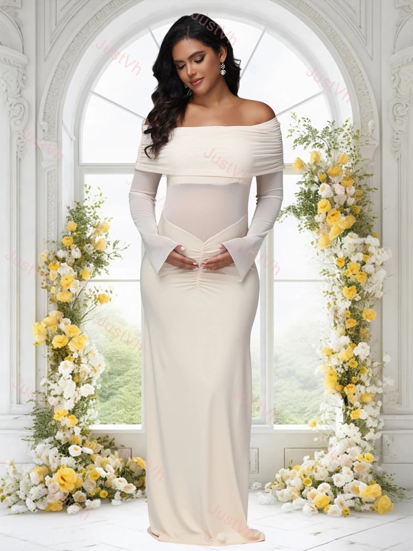 Maternity off Shoulder Long Sleeves Maxi Dress Mesh Paneled Rouched Baby Shower Outfit for Photoshoot