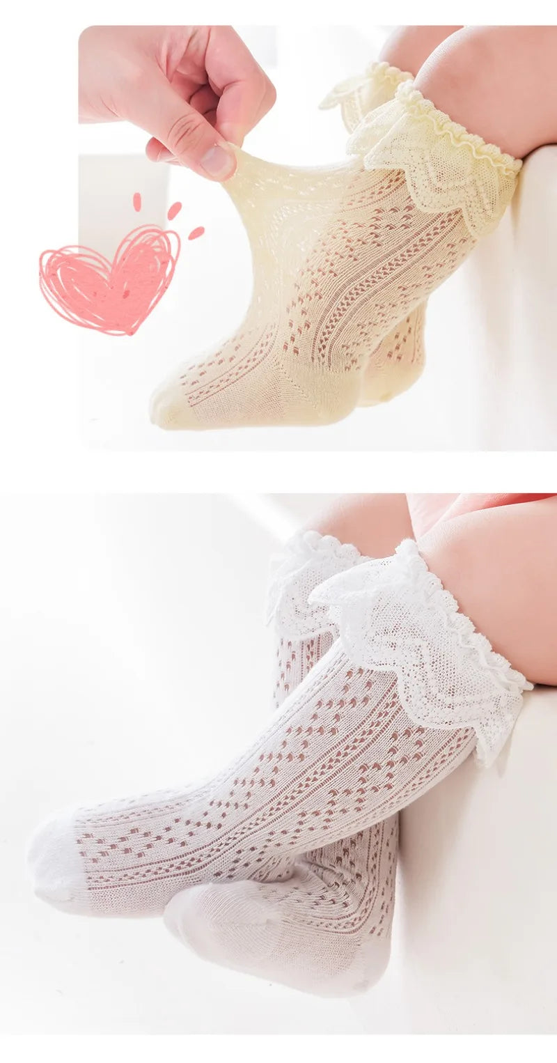 Baby Lace Princess Knee High Socks Kids Girls Boys Long Sock Cotton Mesh Breathable Children Hollow Out Socken for 0-3 Years Old