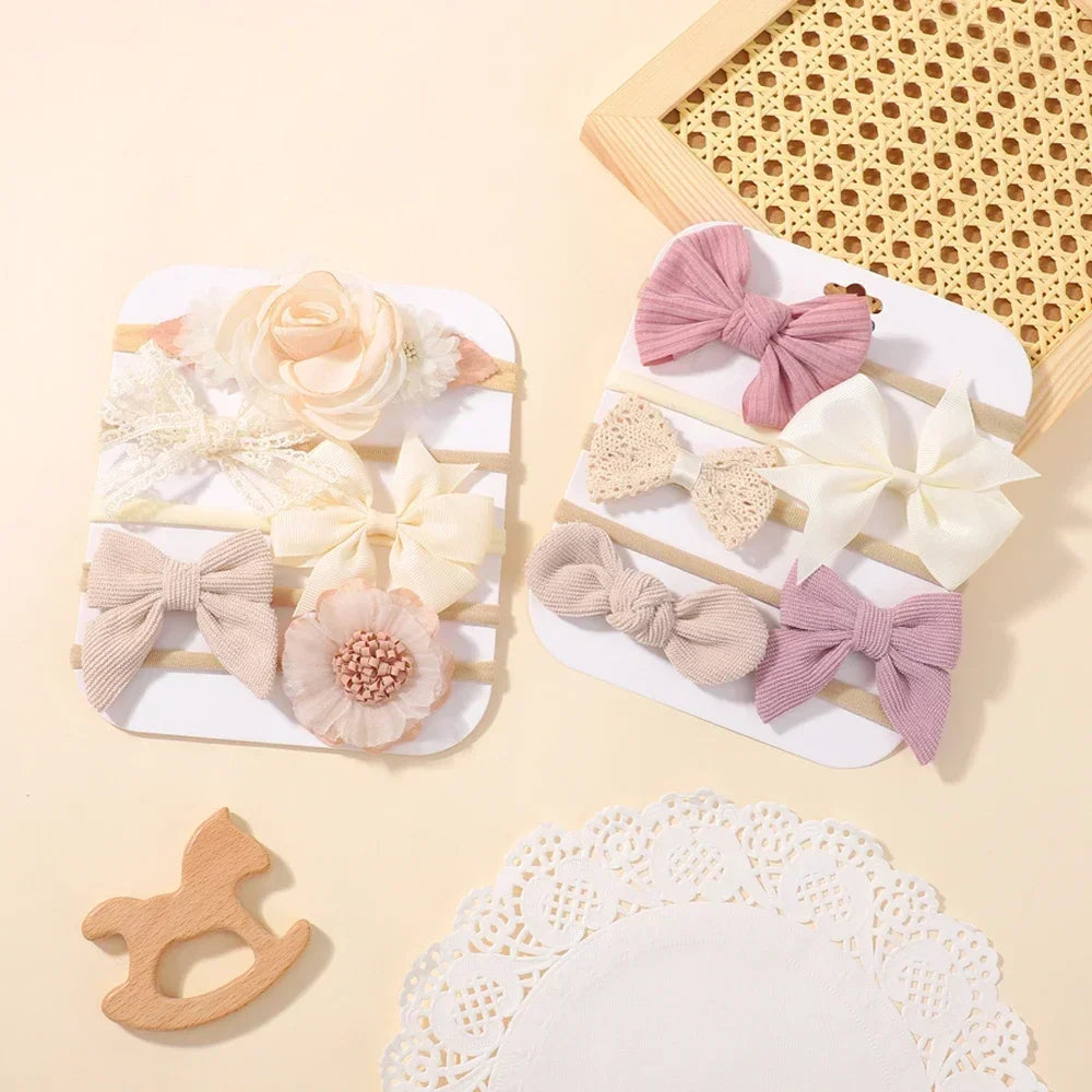 5Pcs Baby Flower Lace Bow Headband Elastic Nylon Newborn Head Band for Girl Infant Toddler Soft Hair Accessories Set