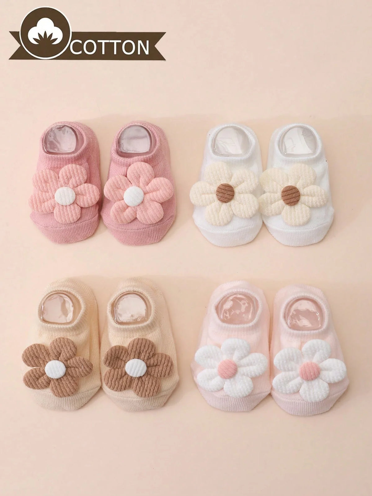 4 Pairs of Baby Girl's Cute Ladylike Flower Decorated Short Socks Solid Color Anti-Slip Bottom Boat Socks Four Seasons Versatile