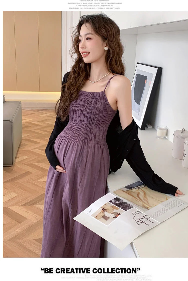 2026 Spring Maternity Dress Suits Long Sleeve Cardigans Strap Dress Twinset Pregnant Woman Clothing Set