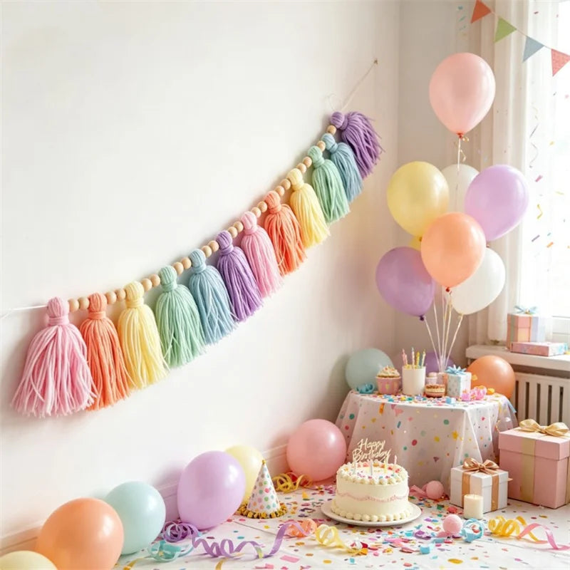 Colorful Rainbow Tassel Garland Wall Decor Banner Handmade With Wooden Beads For Home Party