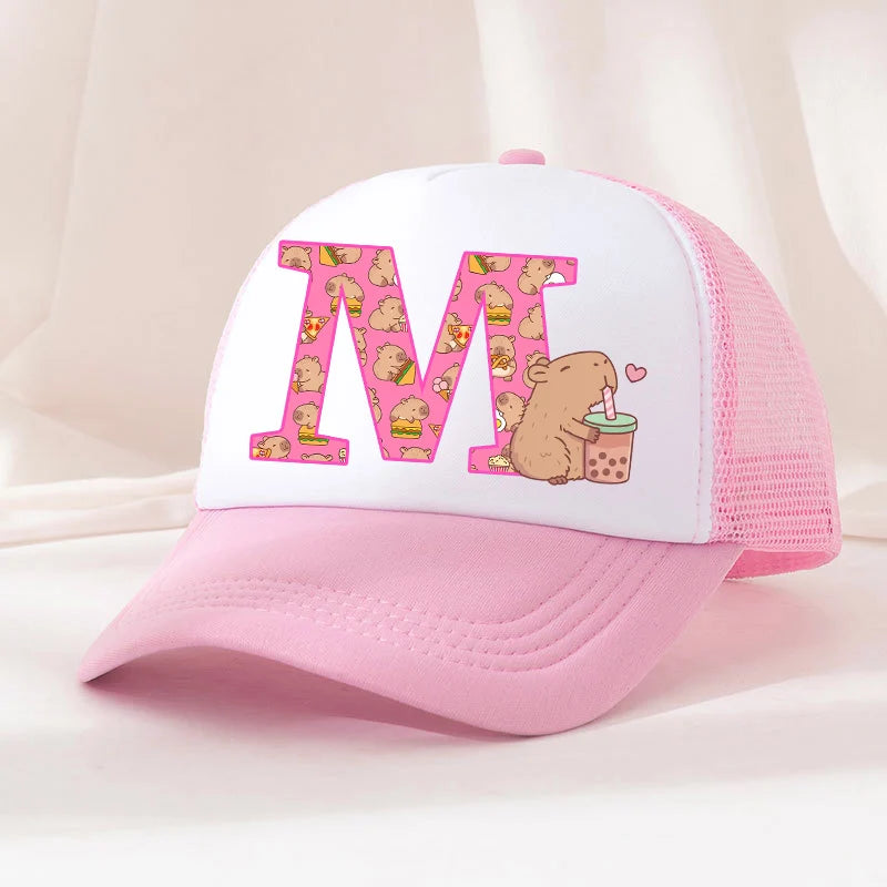 Capibara Baseball Cap Girls Women Anime Capybara Letter A-Z Sun Hat Kids Adult Summer Breathable Mesh Sunbonnet Outdoor Headgear