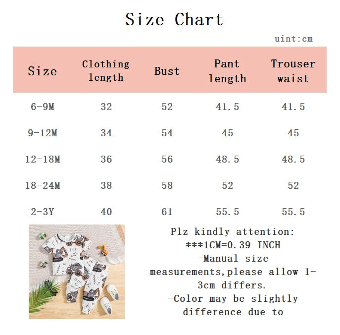 2Pcs Male Baby Set Cartoon Mechanical Digging Machine Printed Short Sleeve+Pants Set 6-24 Months Male Baby Summer Casual Set