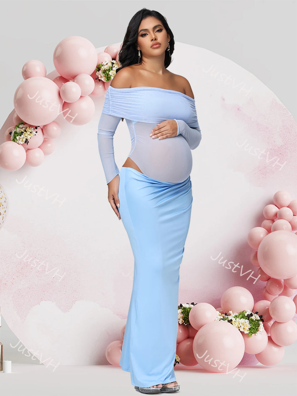 Maternity Long Sleeves off Shoulder Photoshoot Dress Mesh Exposed Belly Women Pregnancy Photography Gown for Baby Shower