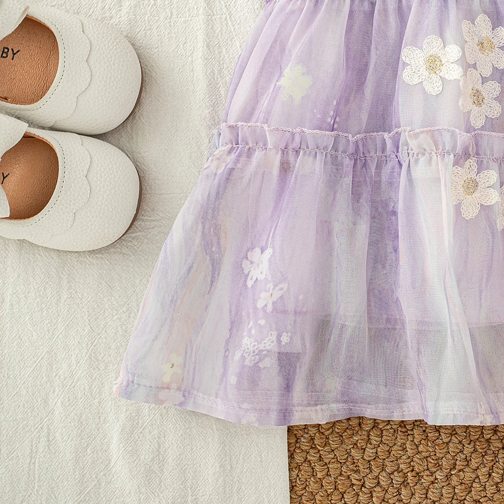 Baby Clothes for Girl Summer Fashion Floral Purple Birthday Party Baby Girl Fairy Dress Korean Style Sweet Toddler Tulle Dress