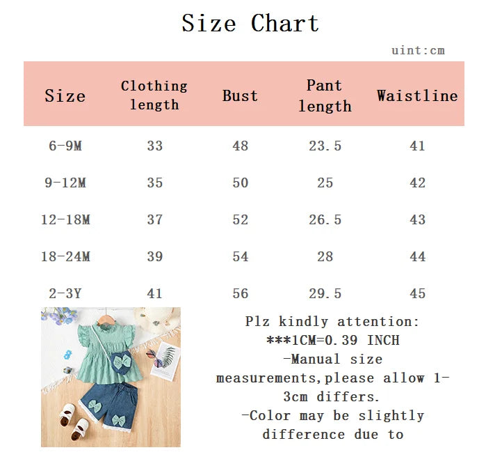 Summer Fashion Baby Girl Set Small Round Neck Ruffle Short Sleeve+Blue Shorts+Love Bag 3Pcs/Set Suitable for 0-3 Year Baby Girls