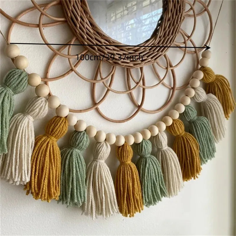 Boho Pink Tassel Garland with Wood Beads Cute Wall Hanging Banner for Nursery Kids Bedroom Birthday Office Party Wedding Decor