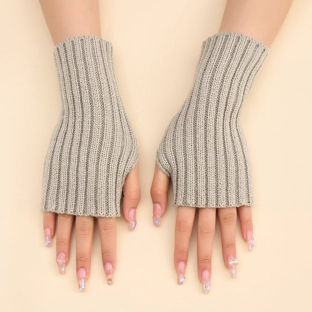 Fingerless Ribbed Knitted Arm Warmers Gloves for Winter, Short Length, 19-20cm Unisex