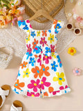 Girls Floral Print Jumpsuit with Puffy Sleeves And Butterfly Knot Lace Hem for Summer Outdoor Scenarios