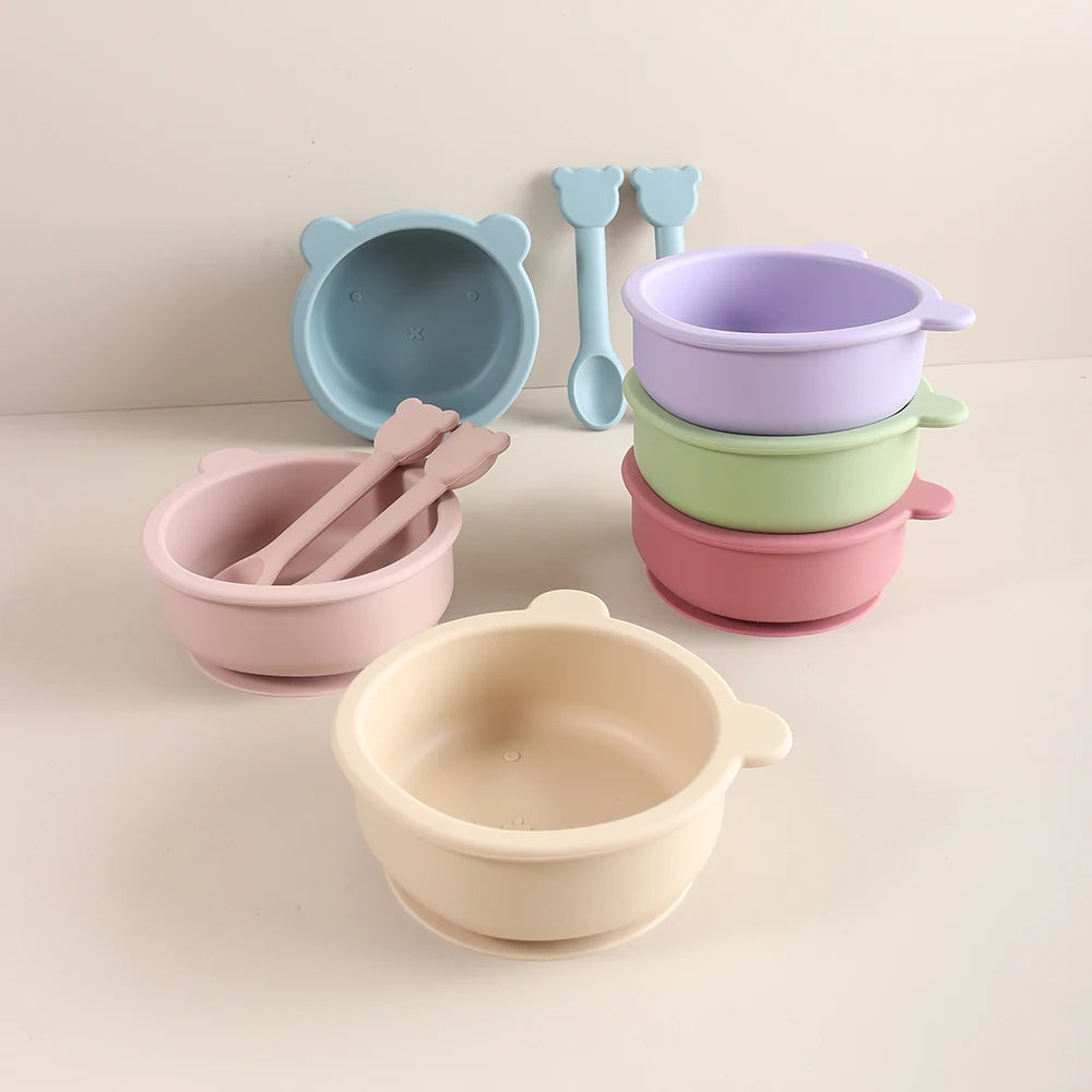 Personalized Baby Silicone Bowl with Name – 300ml Bear Suction Bowl with Spoon & Fork