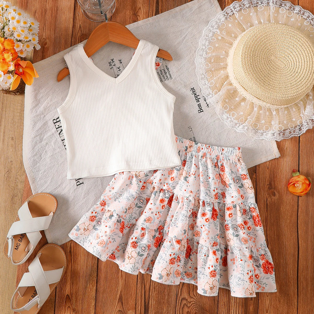 2Pcs Summer Girls' Set Bow Vest Top+Small Floral Half Skirt Set 4-7 Year Old Girls' Vacation Leisure Set Children's clothing