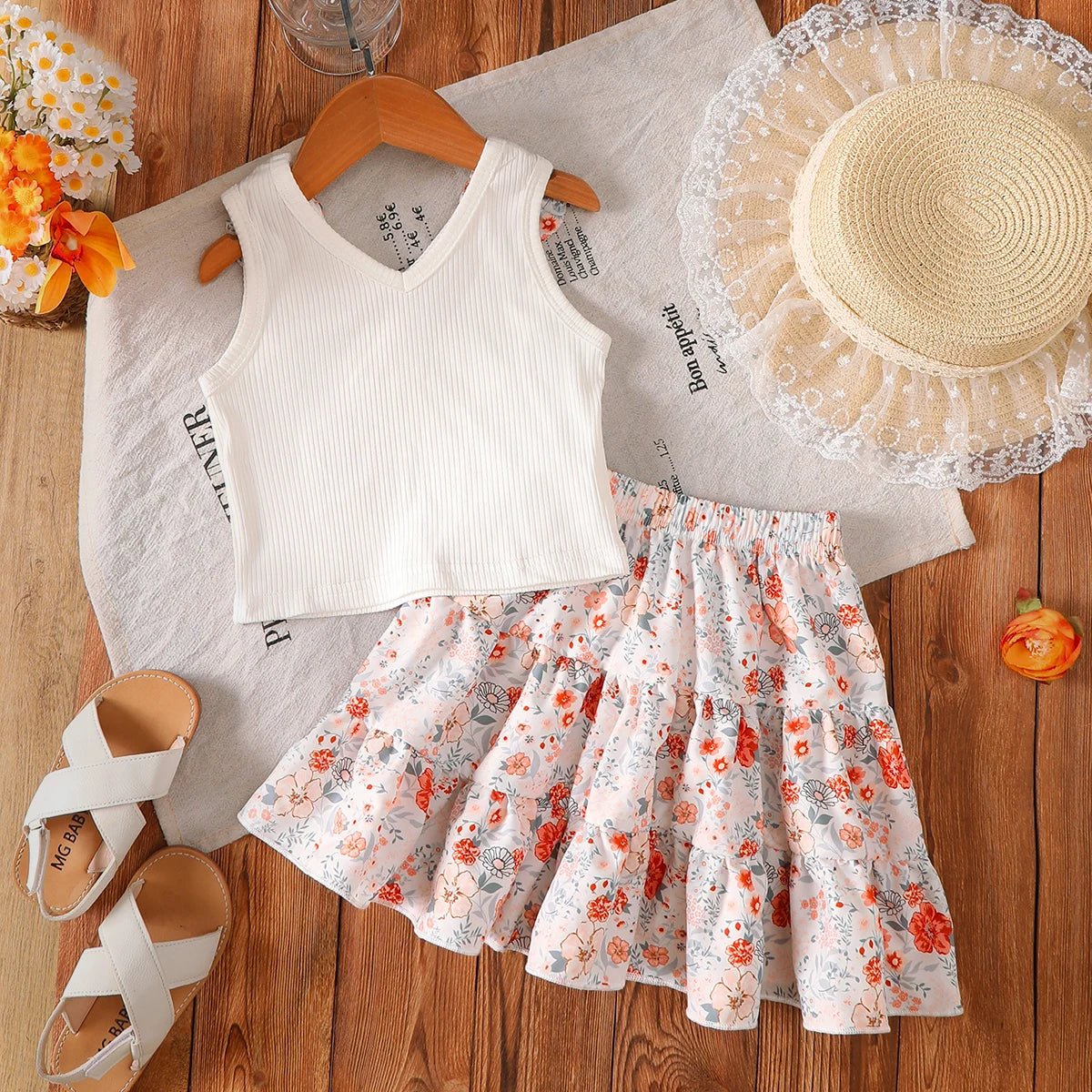2Pcs Summer Girls' Set Bow Vest Top+Small Floral Half Skirt Set 4-7 Year Old Girls' Vacation Leisure Set Children's clothing